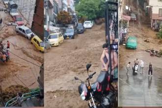 En videos compartidos por redes sociales se observan cómo las fuertes lluvias inundaron varias calles en Manrique. FOTO: CAPTURAS VIDEOS REDES SOCIALES