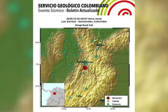 El Servicio Geológico Colombiano confirmó que el evento tuvo una magnitud de 5,8 y su epicentro fue el municipio de Los Santos. IMAGEN: SERVICIO GEOLÓGICO COLOMBIANO