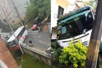 Así quedaron los buses tras los accidentes ocurridos en Bello (izq.) y Manrique (der.). FOTO: CORTESÍA ALCALDÍA DE BELLO, CORTESÍA DENUNCIAS ANTIOQUIA