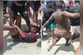 Hasta las mujeres se metieron a golpear al sujeto que habría realizado tocamientos a menores en una playa de Santa Marta. FOTO: CAPTURA VIDEO @LUCHOVOLTIOS
