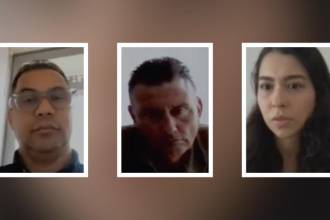 Juan Carlos Torres Ojeda (izq.), Santiago Ortega Mateos (centro) y Estefanya Cuervo Sánchez (der.), tres de los cinco exfuncionarios de Daniel Quintero que fueron acusados. FOTO: FISCALÍA