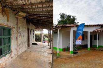 Antes y después de la primera vivienda remodelada en Antioquia tras el terremoto en Colombia. FOTOS: CORTESÍA GOBERNACIÓN DE ANTIOQUIA