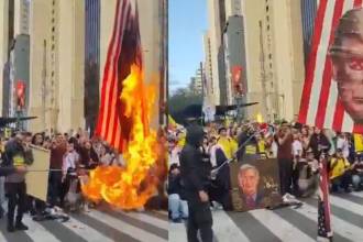  Quema de bandera estadounidense durante manifestación en Medellín. FOTO: REDES SOCIALES