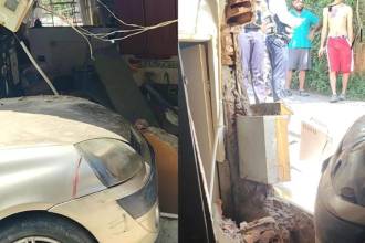 El vehículo derribó uno de los muros de la casa. /FOTO: BOMBEROS GIRARDOTA 