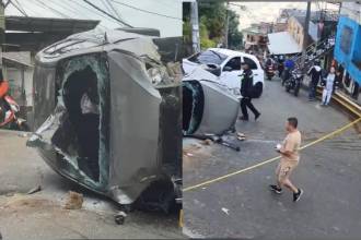 Así quedó el vehículo tras el fuerte impacto. FOTOS: TOMADAS DE DENUNCIAS ANTIOQUIA (IZQUIERDA) Y ANTIOQUIA CONECTA (DERECHA).