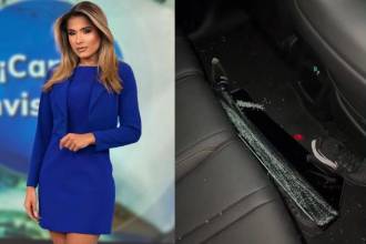 La periodista Catalina Botero y su carro, tras el robo que le hicieron. FOTO: REDES SOCIALES @catalinaboteroo