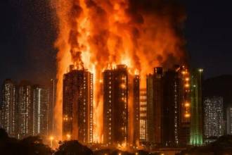 El fuego comenzó en un rascacielos que estaba en remodelación. Para esas obras se usaban andamios de bambú. FOTO: @INFOSFRANCAISES