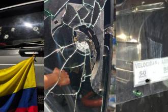 Así quedó el camión con ayuda humanitaria que fue atacado a tiros en Ciudad Bolívar. FOTOS: REDES SOCIALES
