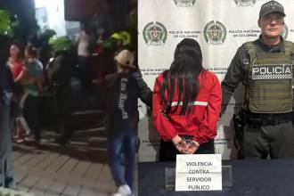 Imagen del supuesto abuso policial y la mujer capturada tras el hecho. FOTOS: CAPTURA DE VIDEO PRENSA PAISA Y SECRETARÍA DE SEGURIDAD