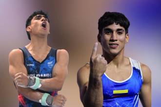 Ángel Barajas (izq.) y Camilo Vera (der.), gimnastas colombianos. FOTO: @DEPORTECOLOMBIANO Y @CAMILO.VERA28