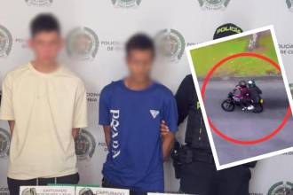 Los dos presuntos fleteros tras ser capturados en Medellín. FOTO: POLICÍA METROPOLITANA DEL VALLE DE ABURRÁ