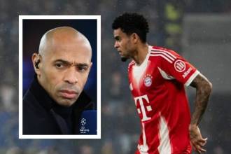 Thierry Henry (izq.) y Luis Díaz (der.). FOTOS: BAYERN MÚNICH (FONDO) Y TOMADA DE X @TouchlineX (DETALLE)