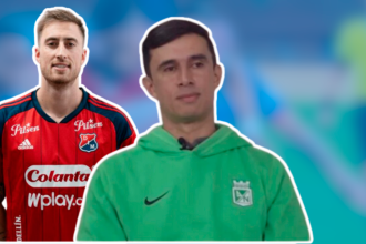 José Aja, jugador del DIM (izq.) y Jhon Bodmer (der.), técnico de Nacional. /FOTO: REDES SOCIALES 