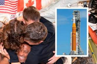 Los astronautas de la misión abrazados en el espacio y, en detalle, el cohete Artemis II y la nave espacial Orion. FOTOS: IG @nasaartemis
