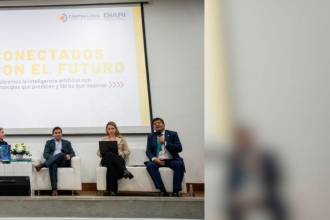 Carlos Andrés Rodado Grijalba, jefe de la Unidad de Análisis de Información - DIARI; Natalia Gaviria Gómez, PhD. Profesora de la UDEA; Demian Gil Marino, líder regional de Copilot en Microsoft; Johanna Pimiento Quintero, gerente de Transformación Digital del Consejo Superior de la Judicatura; Juan Carlos Cortés González, magistrado de la Corte Constitucional. Fotos: EL COLOMBIANO. 