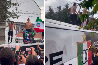 Jugadores de Once Caldas celebrando encima del bus, previo al partido ante Independiente del Valle. /FOTOS: TOMADAS DE VIDEO 