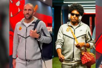 El colombiano Johan Mojica (centro) y sus compañeros del Mallorca llegando a partido vestidos como Maduro. FOTO: @JOHANMOJICA Y REDES SOCIALES