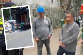 En el recuadro, el momento en el que descargaban el camión. En la foto principal, el momento en el que eran sancionados. FOTOS: CAPTURA DE VIDEO Y X @FicoGutierrez