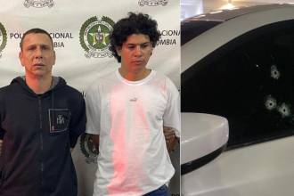 Los dos sujetos tras ser capturados por la Policía y el carro baleado de la víctima. /FOTOS: ALCALDÍA DE ITAGÜÍ