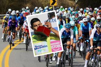El pelotón de la Vuelta entró a Antioquia, pero hasta ahí llegó la carrera (fondo) y Diego Camargo (detalle) se quedó con el título, rompiendo el dominio Rodrigo Contreras, que llevaba 3 años siendo campeón . FOTO: CORTESÍA JHOAN MARULANDA