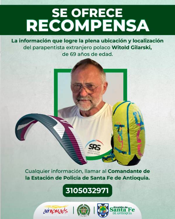 Ofrecen recompensa para dar con el parapentista polaco desaparecido en Santa Fe de Antioquia