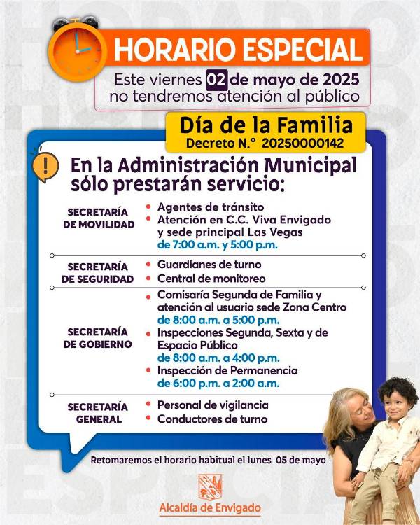 ¡Pilas! Alcaldía de Envigado no tendrá atención al público este viernes, 2 de mayo