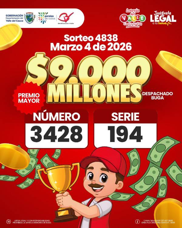 Sorteo 4838 del miércoles 4 de marzo de 2026. FOTO: LOTERÍA DEL VALLE