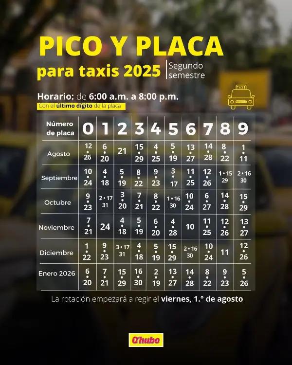 Pico y placa Medellín y el Valle de Aburrá para taxis, segundo semestre 2025. <b><span class=mln_small-caps_mln>/FOTO: Q’HUBO</span></b>