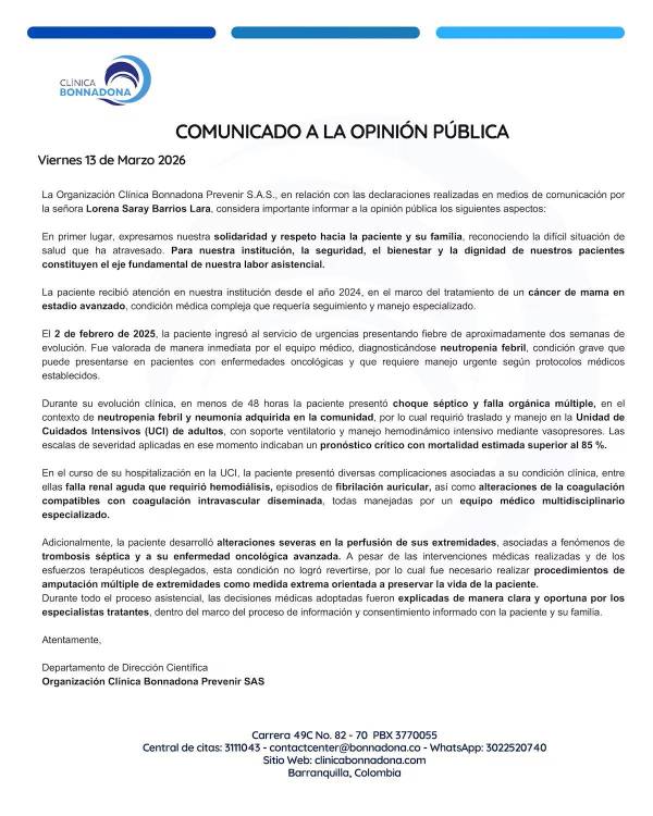 Comunicado Clínica Bonnadona Prevenir. FOTO: TOMADA DE REDES