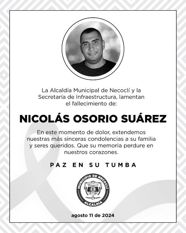 Estas fueron las condolencias de la Alcaldía de Necoclí. /FOTO: CAPTURA DE PANTALLA