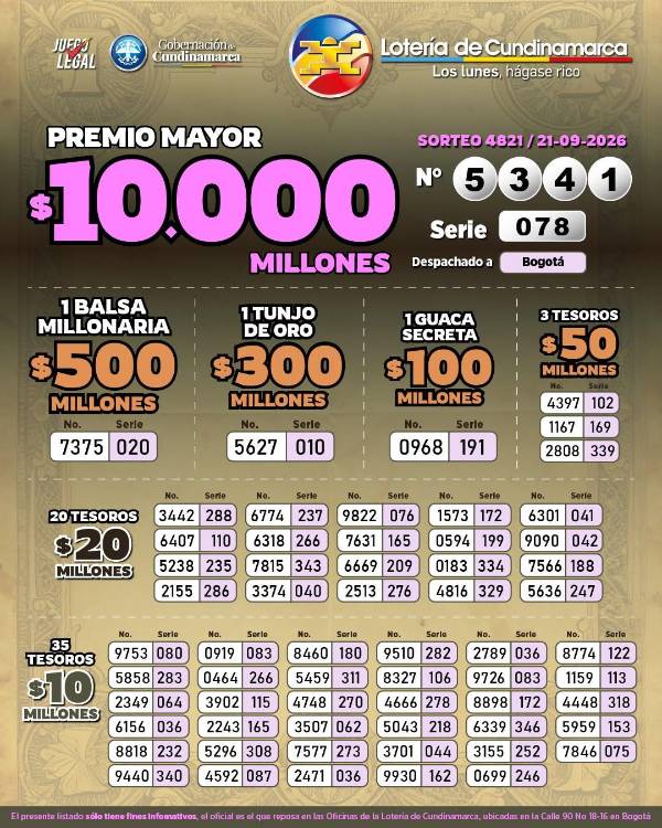 Resultados de la Lotería de Cundinamarca. IMAGEN: FACEBOOK LOTERÍA DE CUNDINAMARCA