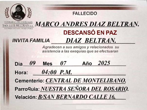 Invitación al sepelio Marcos Andrés Díaz Beltrán en Montelíbano, Córdoba. /FOTO: NOTI-MONTELÍBANO