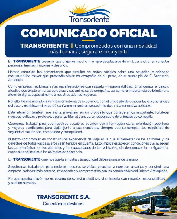 Comunicado oficial de la empresa Transoriente S.A. FOTO: X DE TRANSORIENTE S.A.