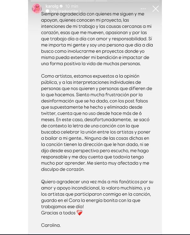 Esta fue la nota que escribió la Bichota en sus redes. / FOTO: @KAROLG