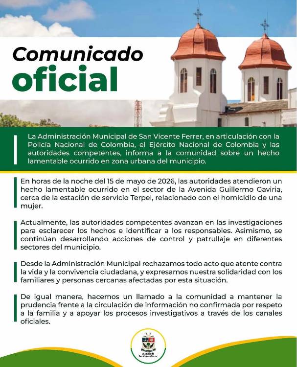 Comunicado Alcaldía de San Vicente de Ferrer. CORTESÍA