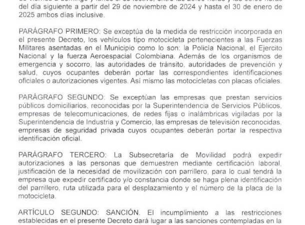 Decreto que ordena la prohibición de motos con parrillero en Rionegro. /FOTO: CORTESÍA