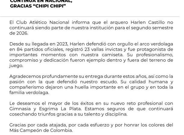 Comunicado de Atlético Nacional donde informa la salida del jugador. FOTO: ATLÉTICO NACIONAL
