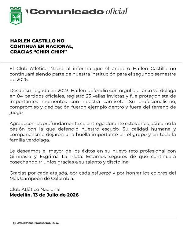 Comunicado de Atlético Nacional donde informa la salida del jugador. FOTO: ATLÉTICO NACIONAL