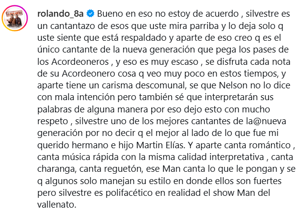 Rolando Ochoa, exacordeonero de Silvestre Dangond, dejó este mensaje para defenderlo. FOTO: CAPTURA DE REDES.