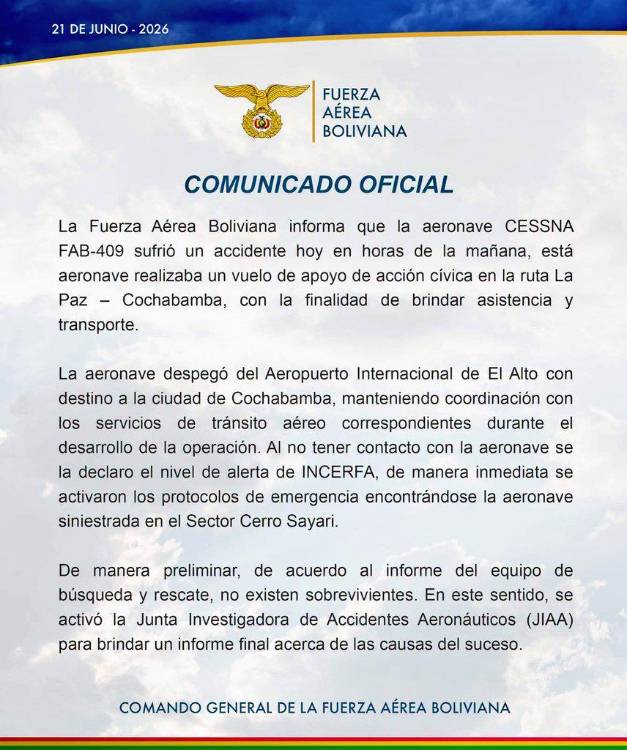 COMUNICADO FUERZA AÉREA BOLIVIANA. FOTO: FUERZA AÉREA BOLIVIANA