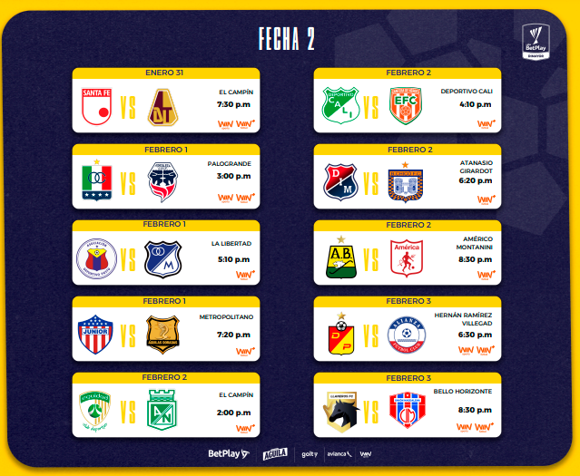 $!Horarios fecha 2 de la Liga BetPlay 2025-1 /FOTO: DIMAYOR
