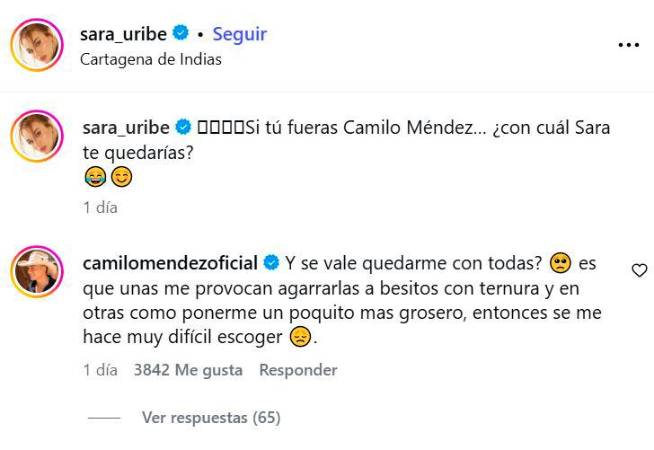 Así le respondió Camilo Mendez a Sara Uribe. FOTO: CAPTURA DE PANTALLA