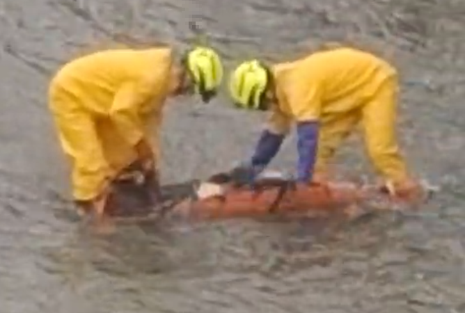 Momento en que los bomberos de Medellín recuperaron el cuerpo que estaba en el ´rio para entregarlo a los investigadores del CTI de la Fiscalía. FOTO: TOMA DE VIDEO