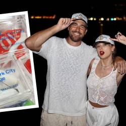 Travis Kelce y Taylor Swift. En la foto destacada la basura vendida. FOTOS: INSTAGRAM @killatrav Y CAPTURA DE VIDEO @justingignac