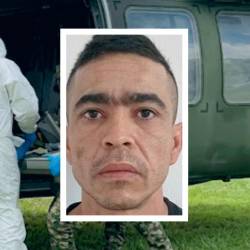 El cadáver de Edward Alexánder Cartagena Ortiz, alias Cartagena, fue sacado de la zona donde fue abatido en un helicóptero del Ejército Nacional. FOTO: TOMA DE VIDEO EJÉRCITO NACIONAL (FONDO) Y CORTESÍA (DETALLE)
