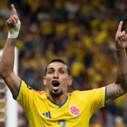 El lateral paisa Daniel Muñoz celebrando su segundo gol en la Copa del Mundo. FOTO: JUAN ANTONIO SÁNCHEZ - ENVIADO ESPECIAL