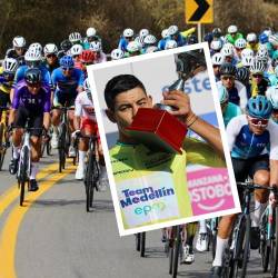 El pelotón de la Vuelta entró a Antioquia, pero hasta ahí llegó la carrera (fondo) y Diego Camargo (detalle) se quedó con el título, rompiendo el dominio Rodrigo Contreras, que llevaba 3 años siendo campeón . FOTO: CORTESÍA JHOAN MARULANDA