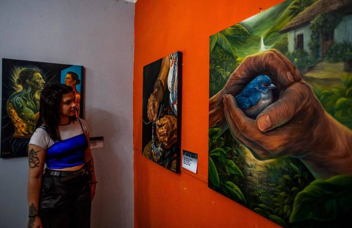 La artista María Camila Zapata observa la obra con la que participará en este festival. FOTO: JULIO CÉSAR HERRERA