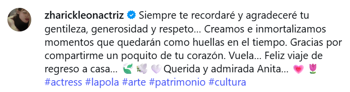 La actriz dedicó unas palabas a Ana María Arango en sus redes. FOTO: CAPTURA DE @ZHARICKLEONACTRIZ IG