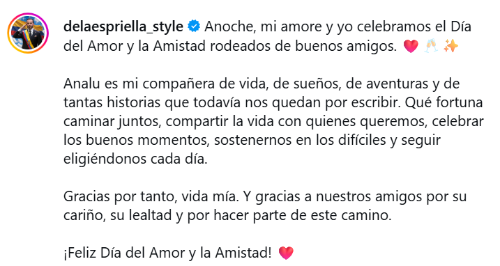 El mensaje que Abelardo de la Espriella le dedicó a su esposa Analu Pineda. FOTO: @DELAESPRIELLA_STYLE